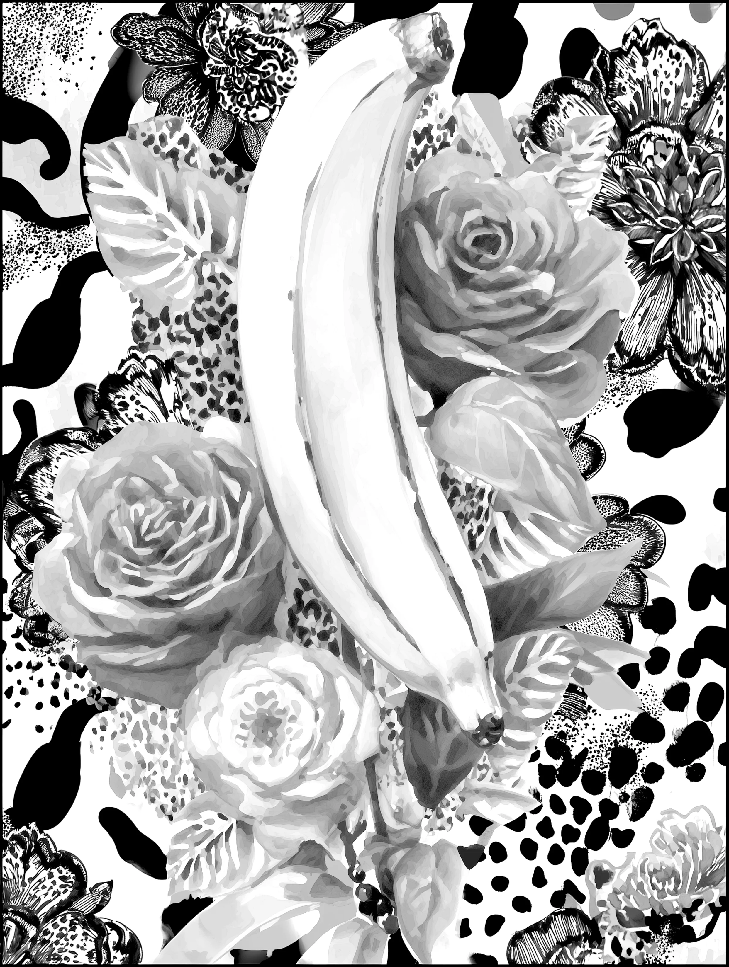 Free printable banana coloring page for adults featuring very floral background with single banana